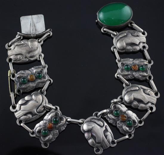 An early 20th century Georg Jensen 830 standard silver, green chalcedony and amber set bracelet, no.33, 8.25in.